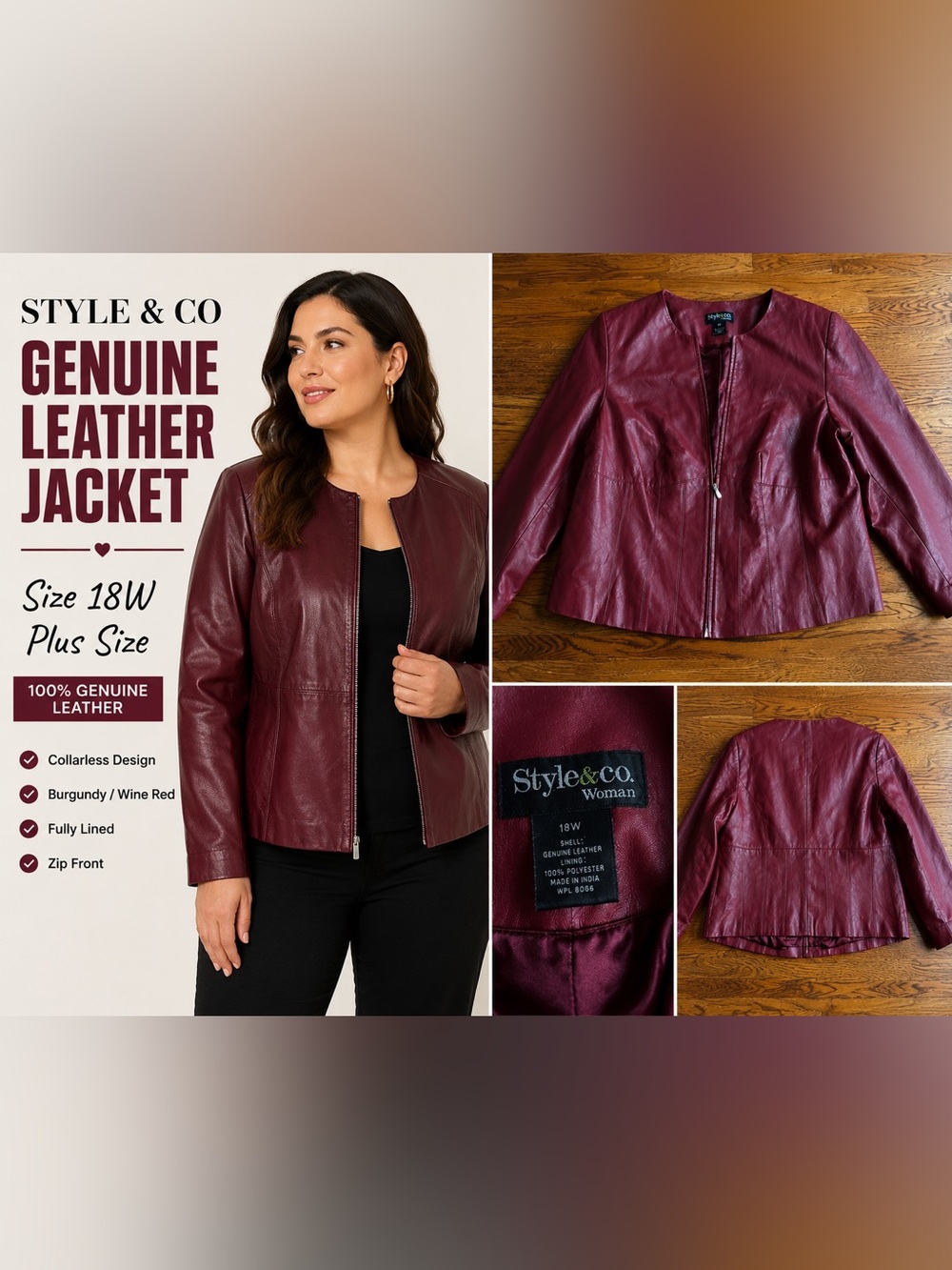 Style & Co Genuine Leather Jacket Burgundy Wine Red Size 18W Plus Size